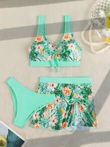 Swim Lushoire Conjunto de bikini con estampado tropical y cordón ajustable para la playa, con falda de playa