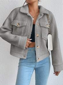 SHEIN Unity Của phụ nữ Lông Jackets Với Mặt trước Nút - Màu Xám nhạt - Xem 1