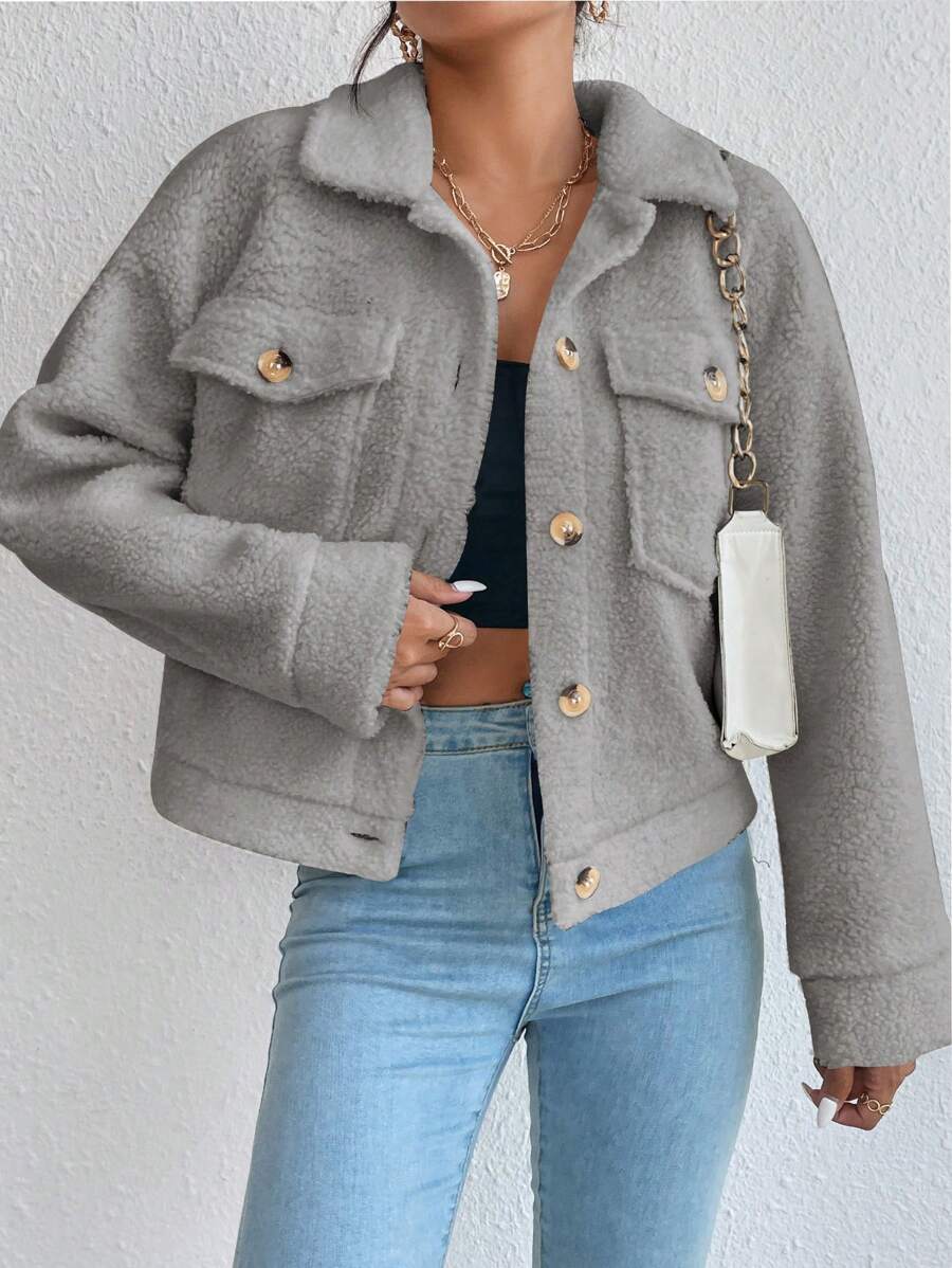 SHEIN Unity Của phụ nữ Lông Jackets Với Mặt trước Nút - Màu Xám nhạt - Xem 1