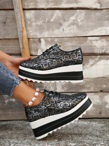 坡跟跟防水台鞋適合女士帶蛇圖案,圓頭,和厚鞋底 - 黑色 - 查看 1