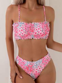 Swim Mod Summer Beach Ditsy Floral Print Shirred Bikini Set - Multicolor - View 5