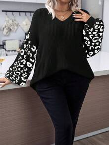 SHEIN LUNE Hơn Hoa văn Báo Thả vai Áo len - Đen và trắng - Xem 6