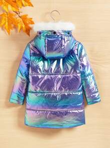 Young Boy Holographic Fuzzy Trim Hooded Padded Coat Without Sweater