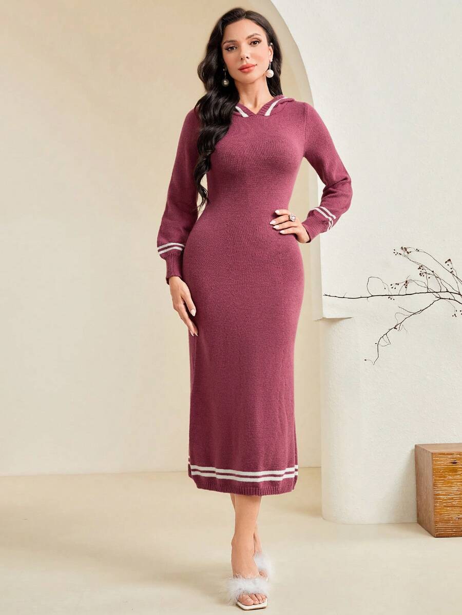 Modelyn Sọc trang trí Tay áo lồng đèn áo có mũ Đầm Áo len - Màu đỏ tím - Xem 1