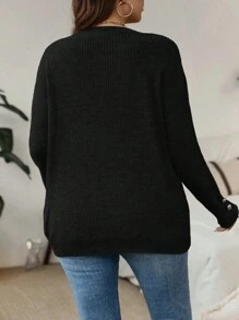 SHEIN Clasi Áo len Plus Size Xù nhỏ Gân đan màu trơn Giải trí - màu đen - Xem 2
