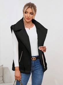 SHEIN Essnce 女士毛皮外套配皮革背心 - 黑色 - 查看 3