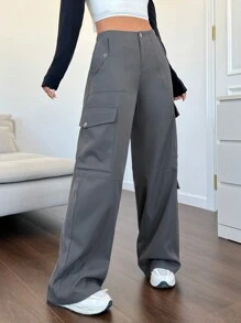 SHEIN EZwear 女裝側翻口袋工裝褲 - 深灰色 - 查看 4