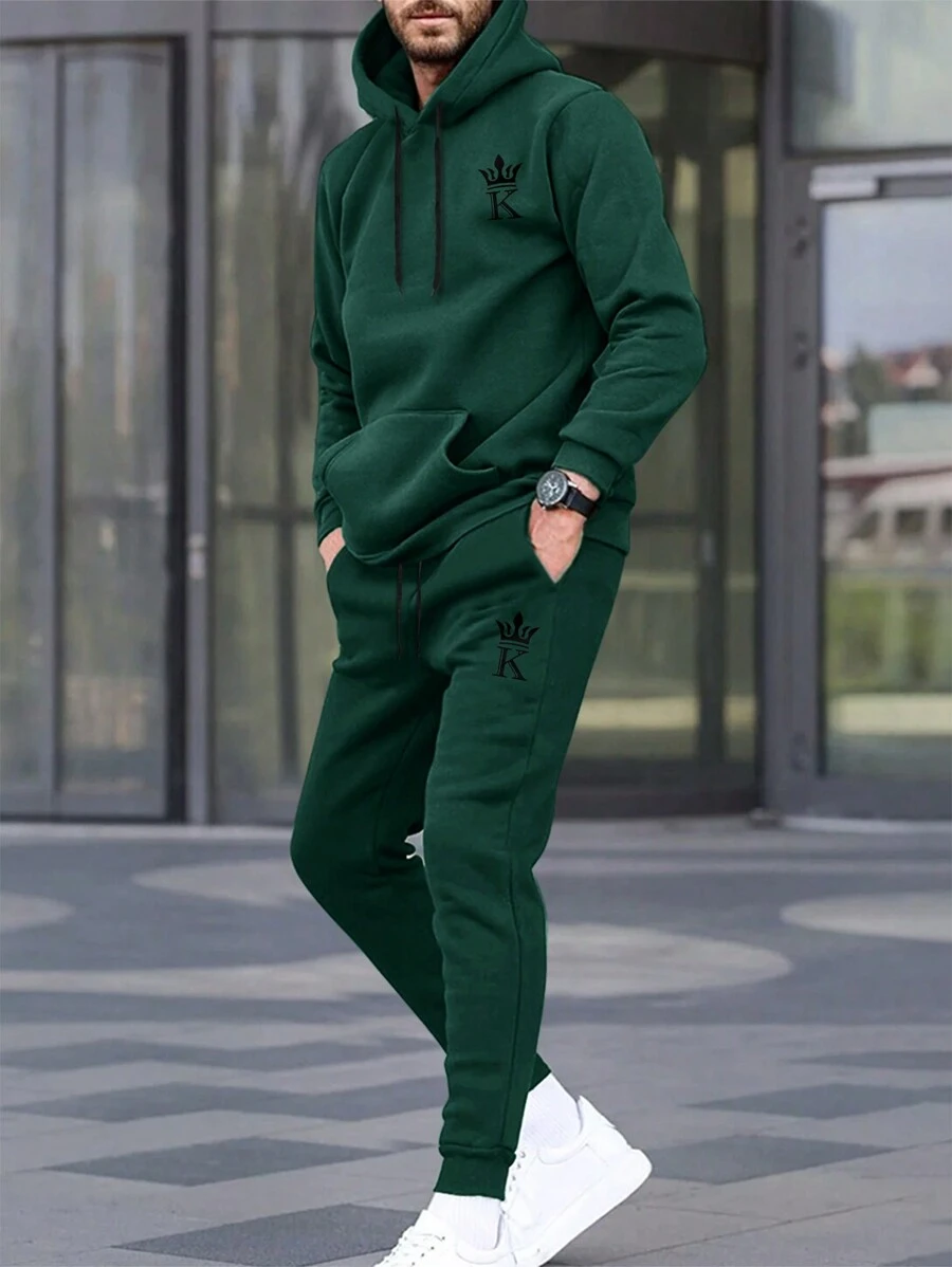 Manfinity Homme 男款字母印花連帽衫,抽繩腰部運動褲兩件套 - 墨綠色 - 查看 1