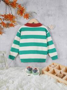 SHEIN Young Girl Striped Pattern Contrast Collar Button Front Cardigan - Multicolor - View 2
