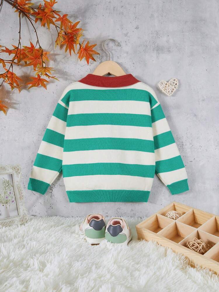 Young Girl Striped Pattern Contrast Collar Button Front Cardigan