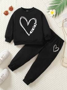 SHEIN Young Girl Heart Print Sweatshirt & Sweatpants - Black - View 1