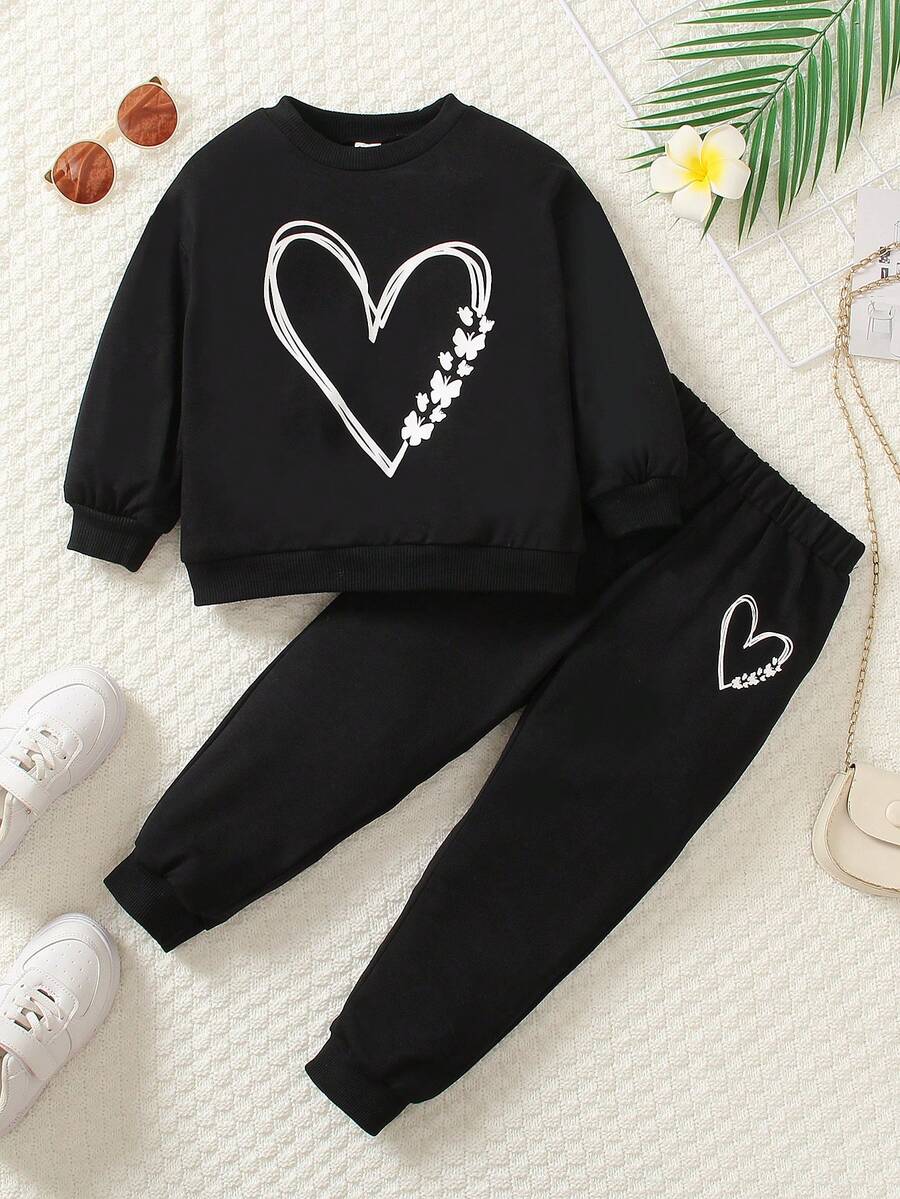 SHEIN Young Girl Heart Print Sweatshirt & Sweatpants - Black - View 1