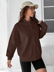 SHEIN EZwear Slogan Graphic Drop Shoulder Zip Up Thermal Lined Jacket - Brown - View 4