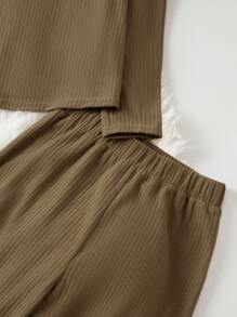 SHEIN Unity Women'S Solid Color Ribbed T-Shirt And Pants Set - Khaki - View 3