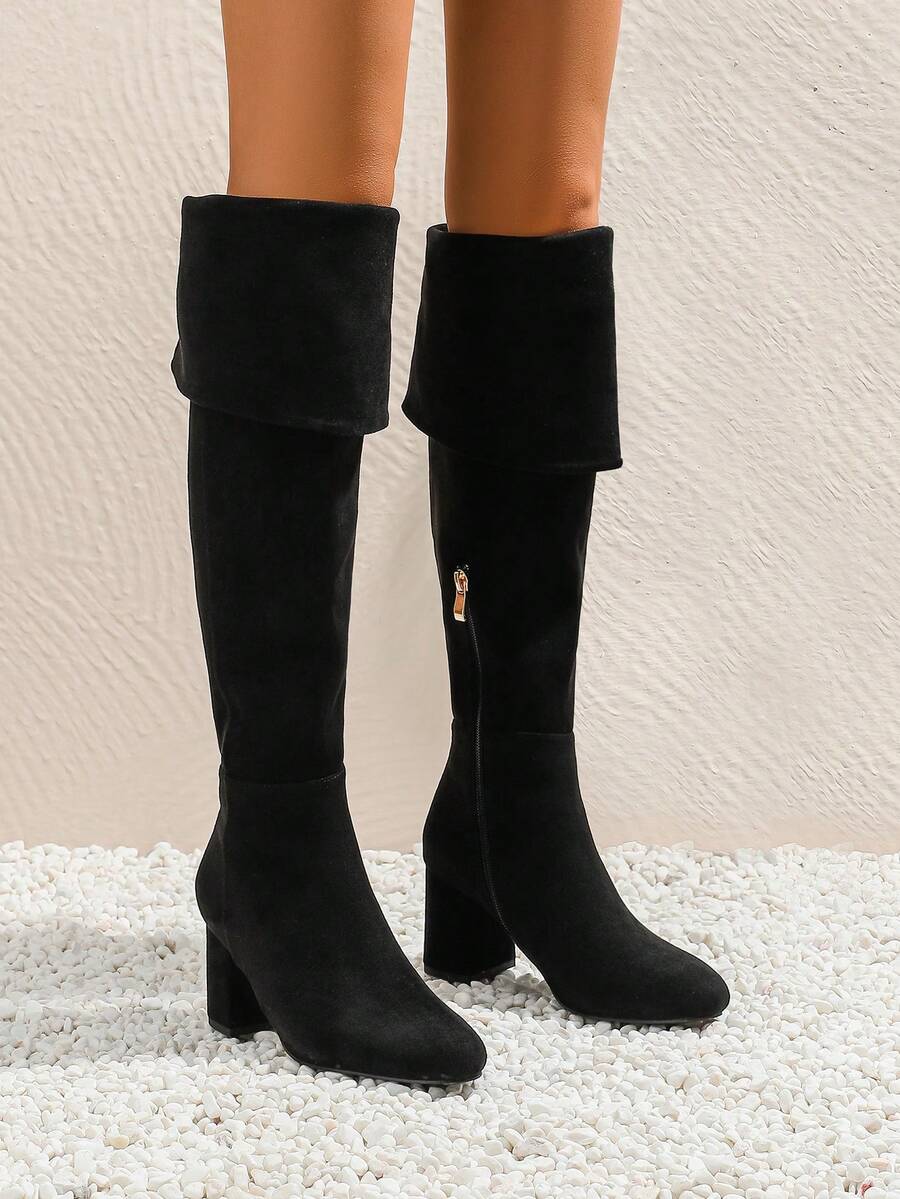 側邊拉鍊高跟膝靴,可拆卸束口 - 黑色 - 查看 1