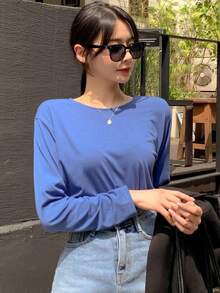 DAZY Camiseta Sólida Con Cuello Redondo - Azul - Ver 3