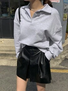 DAZY Của phụ nữ Thả vai Collared Áo nỉ - Xám - Xem 5