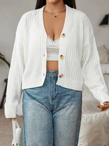 Flirla Hơn Thả vai Đồ đan Ribbed Áo len Mở - trắng - Xem 6