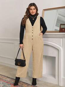 SHEIN Frenchy Jumpsuit Ukuran Plus Kantong Tombol Depan Plain Casual - Khaki - View 1