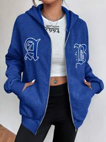 SHEIN Letter Graphic Drop Shoulder Zip Up Hoodie - Blue - View 5
