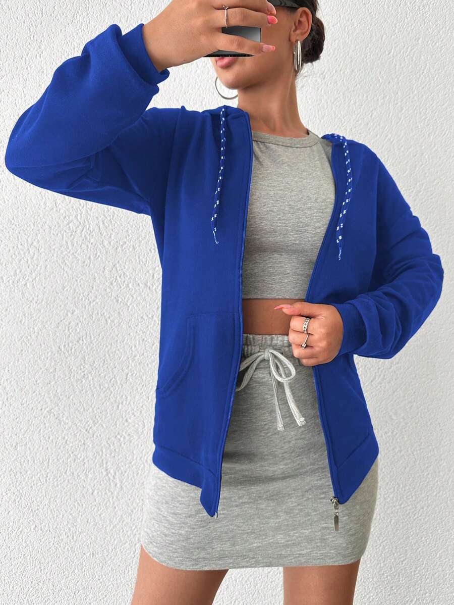 SHEIN Cottnline Sudadera Con Capucha Para Mujer Con Cordón De Hombro Caído De Color Sólido - azul real - Ver 1