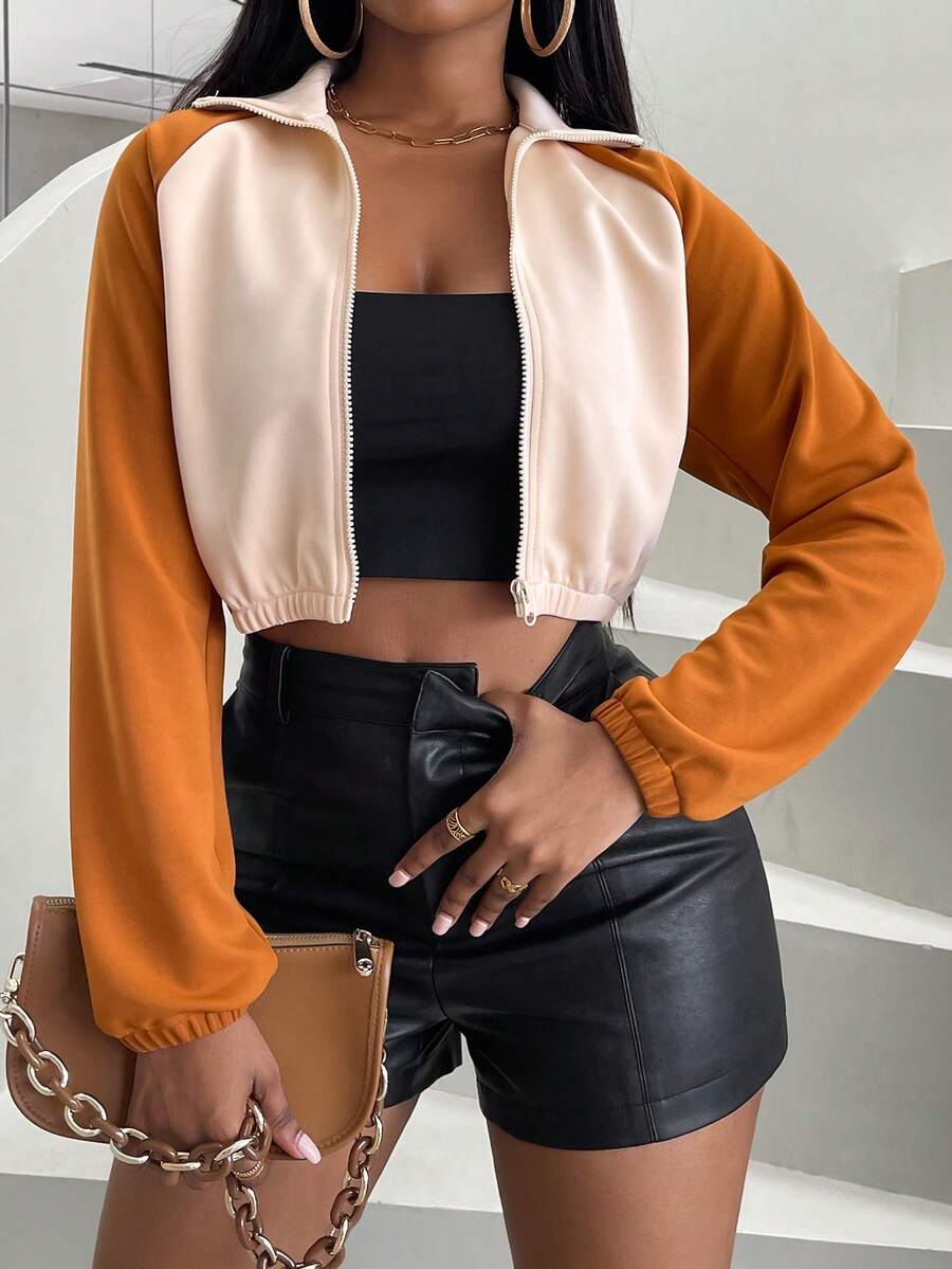 SHEIN Slayr 雙色插肩袖短夾克 - 杏色 - 查看 1