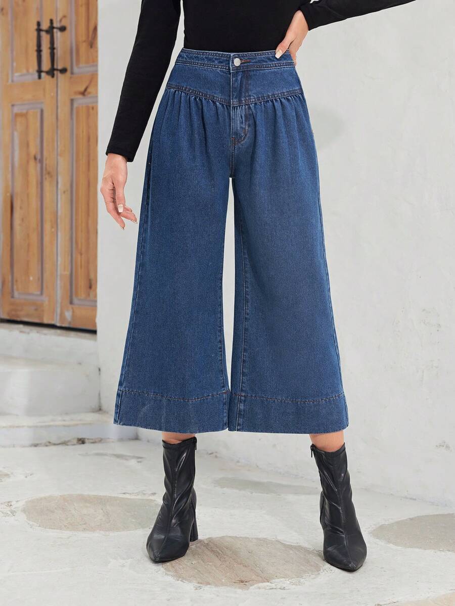 SHEIN Privé 褶皺闊腿牛仔褲 - 中等水洗藍 - 查看 1