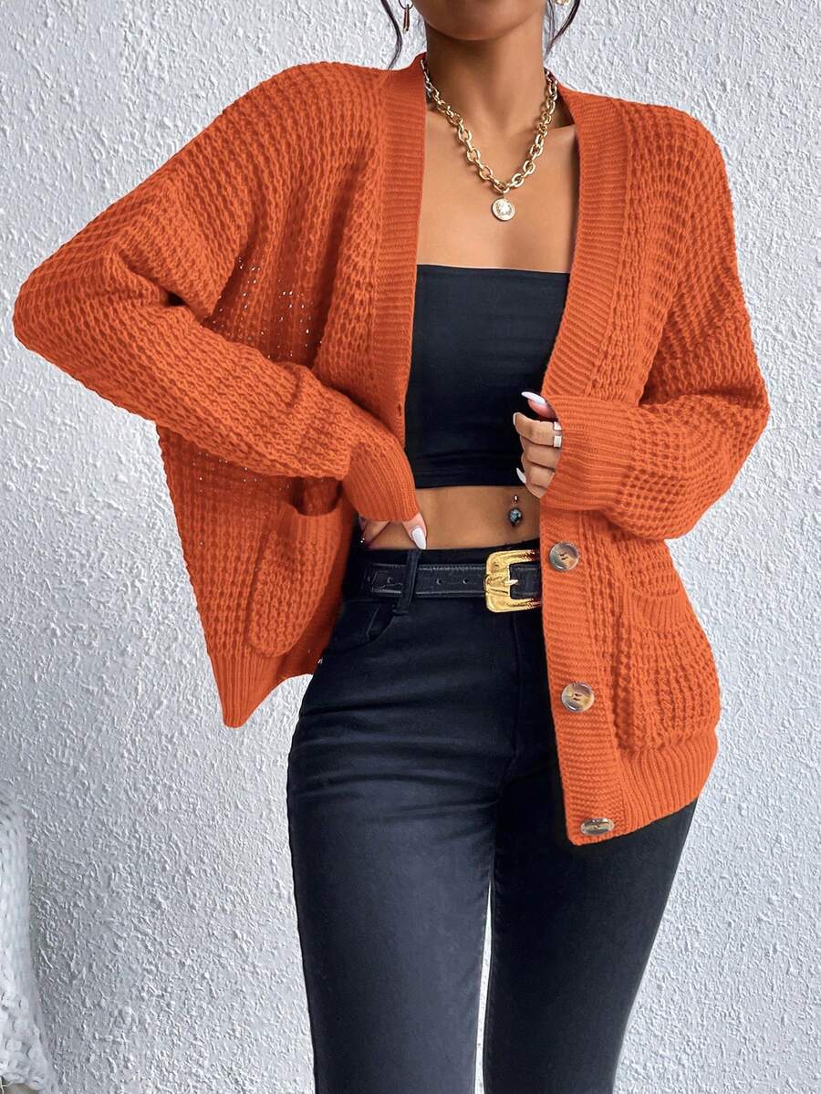 SHEIN Essnce Women's Drop Shoulder Cardigan With Double Pockets And Open Front - Coral Orange - View 1