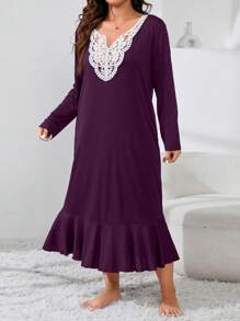 فستان نوم طويل أنيق بتصميم الزعنفة مقاس كبير - الأرجواني - مشاهدة 5