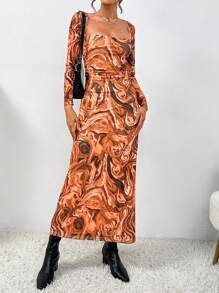 SHEIN Essnce In Đá cẩm thạch Cổ vuông Đầm - Nhiều màu - Xem 6