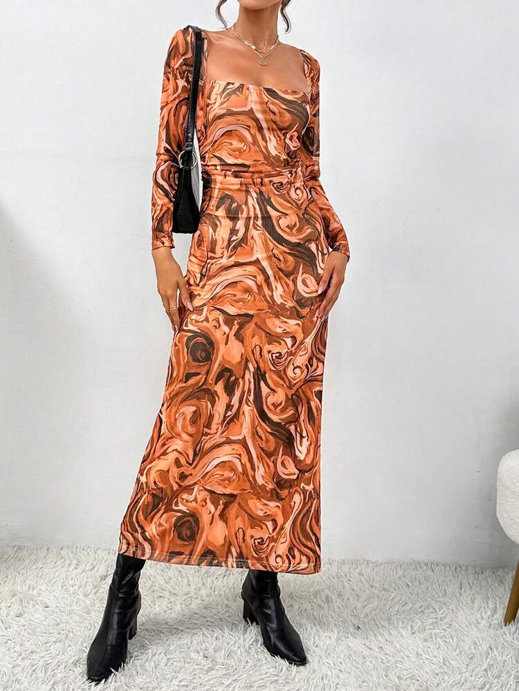 Marble Print Square Neck Dress