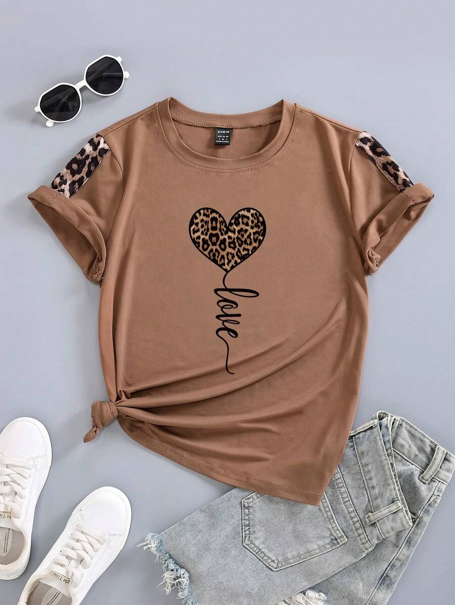 SHEIN LUNE Áo thun nữ Tim In hoa Báo Lá thư Giải trí - Màu Khaki - Xem 1