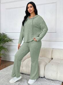 SHEIN EZwear Hơn Thả vai Dây rút Áo Hoodie & Quần - Màu xanh Bạc hà - Xem 4