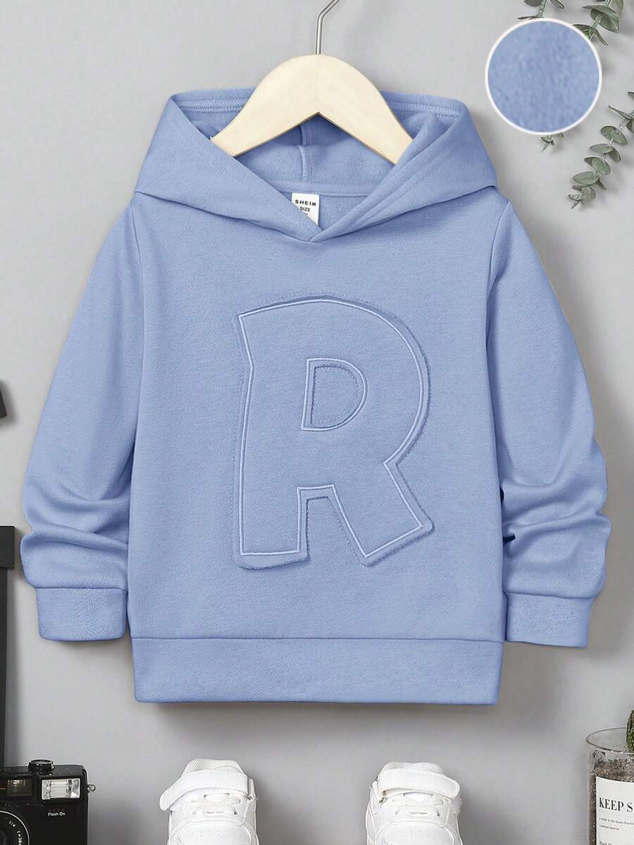SHEIN 男童休闲宽松基础款卫衣，带字母贴花 - 藍色 - 查看 1