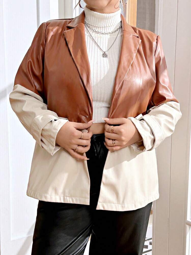 Plus Two Tone Single Button PU Leather Blazer