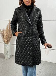 SHEIN LUNE Women's Long Lapel Diamond Quilted Jacket - Black - View 5