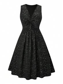 SHEIN Clasi Plus Galaxy Print Twist Front Dress - Black - View 1