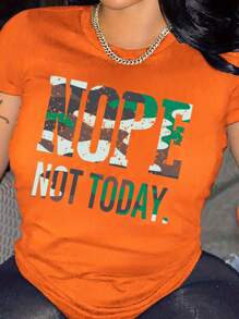 INAWLY Plus Slogan 图案 T 恤 图案 T 恤 女式上衣 - 橘色 - 查看 1