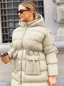 SHEIN Cottnline Plus Size Drawstring Waist Hooded Puffer Coat With Flap Pockets And Zipper - Apricot - View 5