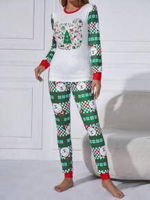 Christmas Print Tee & Pants Lounge Set - Green - View 1