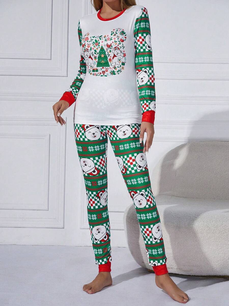Christmas Print Tee & Pants Lounge Set - Green - View 1