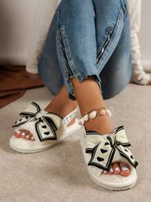 新品上市蝴蝶结设计毛绒防滑露趾拖鞋，带后带，适合女士家居服 - 黑與白 - 查看 2