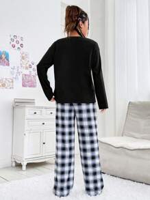 SHEIN EZwear 女士卡通熊與字母印花上衣與格子褲套裝 - 彩色 - 查看 2