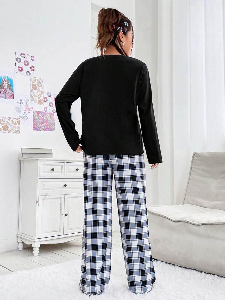 Women's Cartoon Bear & Letter Printed Top And Plaid Pants Set