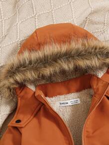 SHEIN Baby Boy Flap Pocket Drawstring Waist Fuzzy Trim Hooded Teddy Lined Coat - Multicolor - View 6