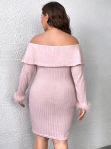 Celure Plus Foldover Off Shoulder Fuzzy Cuff Bodycon Dress
