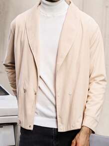 Manfinity Homme Áo khoác nam cổ khăn choàng cài hai hàng khuy dáng rộng, vải nhung kẻ - Màu be - Xem 5