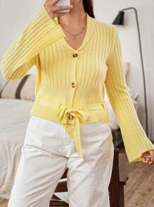 SHEIN MOOSTA 大碼針織開襟衫帶鈕扣和皮帶 - 黃色 - 查看 5