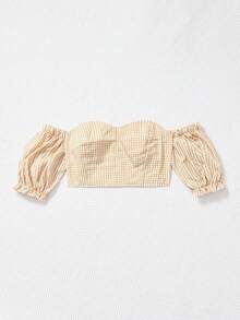 Soleia 格子圖案一字肩泡泡袖短款襯衫 - 棕色 - 查看 5