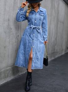 SHEIN Privé Vestido De Mezclilla De Mujer Con Botones Delanteros Con Bolsillos Con Solapa - Azul - Ver 4